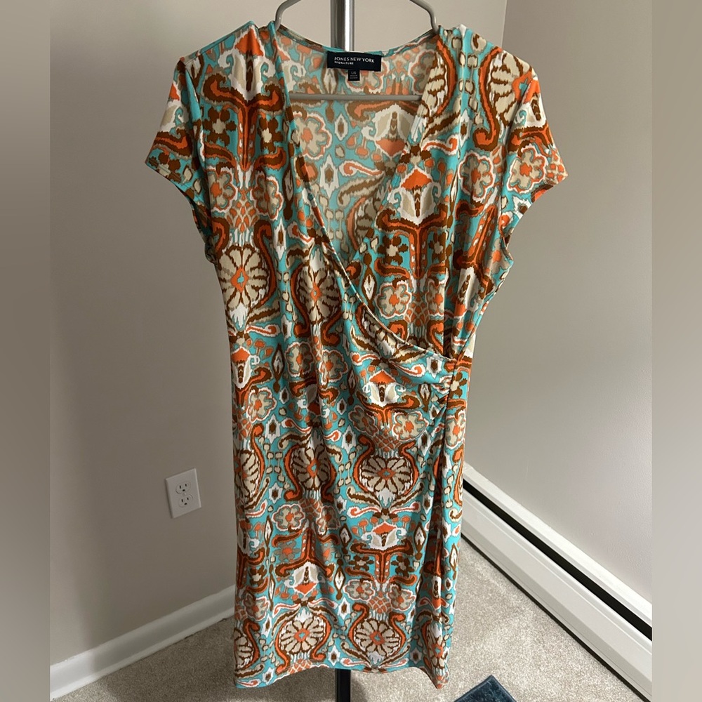 Teal and orange midi dress with wrap feature size L Jones New York